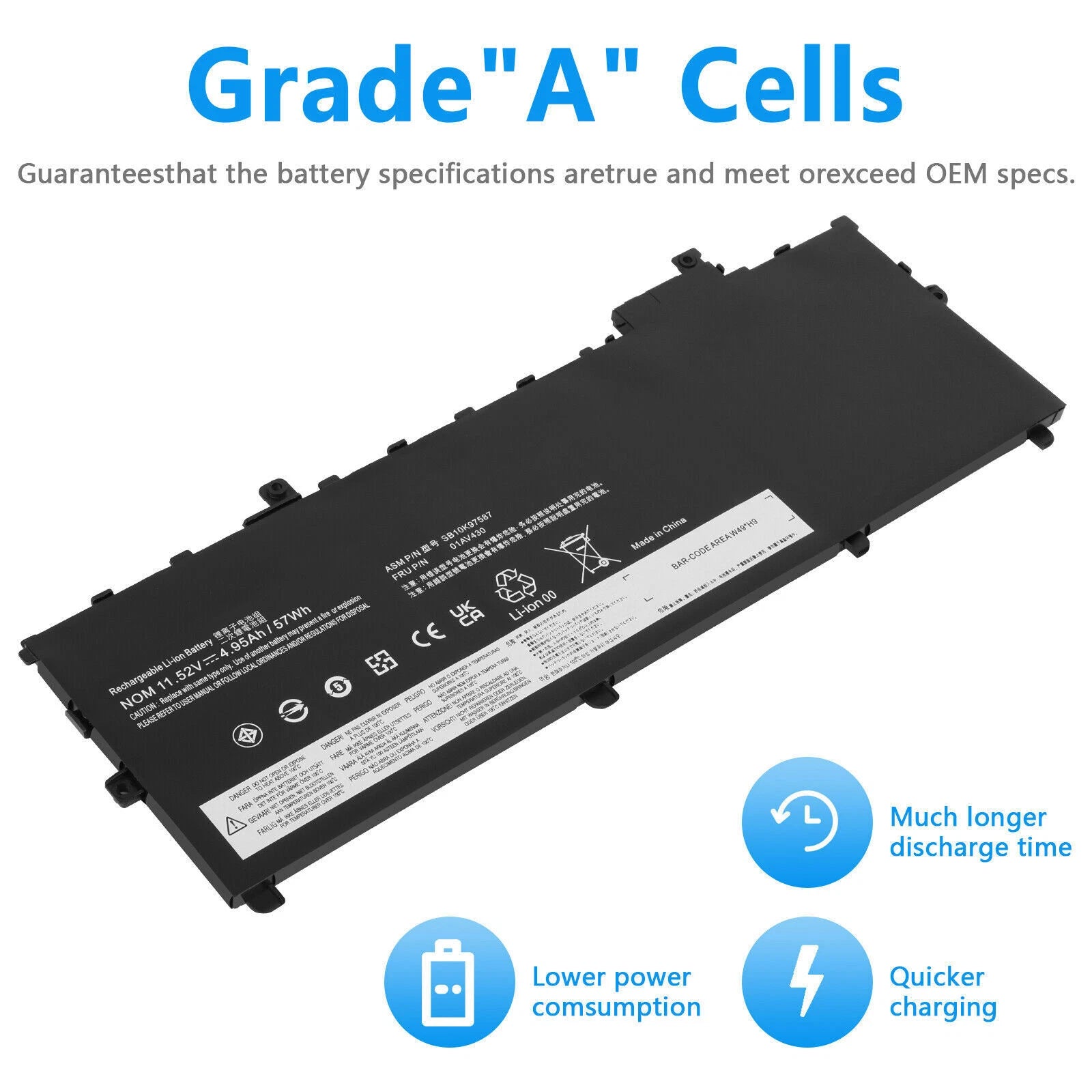 57Wh 01AV430 Battery For Lenovo ThinkPad X1 Carbon 5th Gen 2017 / 6th Gen 2018