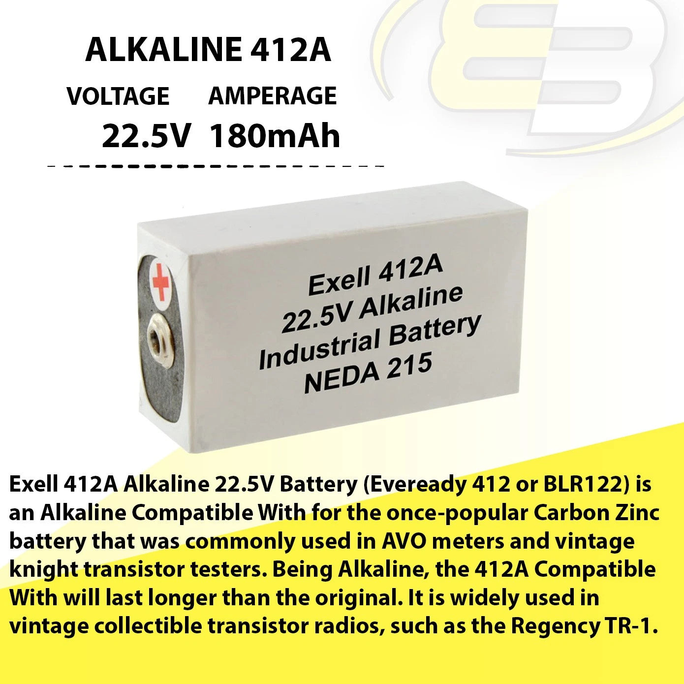 Exell 412A Alkaline 22.5V Battery NEDA 215 Compatible With 15F20,BLR122,V72PX