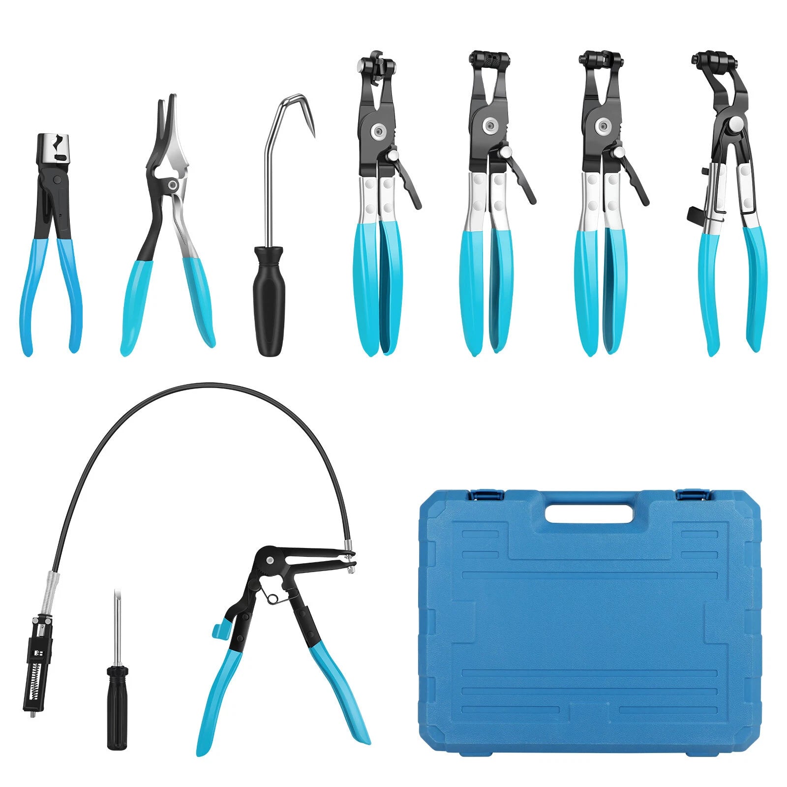 Flexible Automotive Hose Clamp Clip Plier Tool Set Swivel Jaw Flat Angled Band