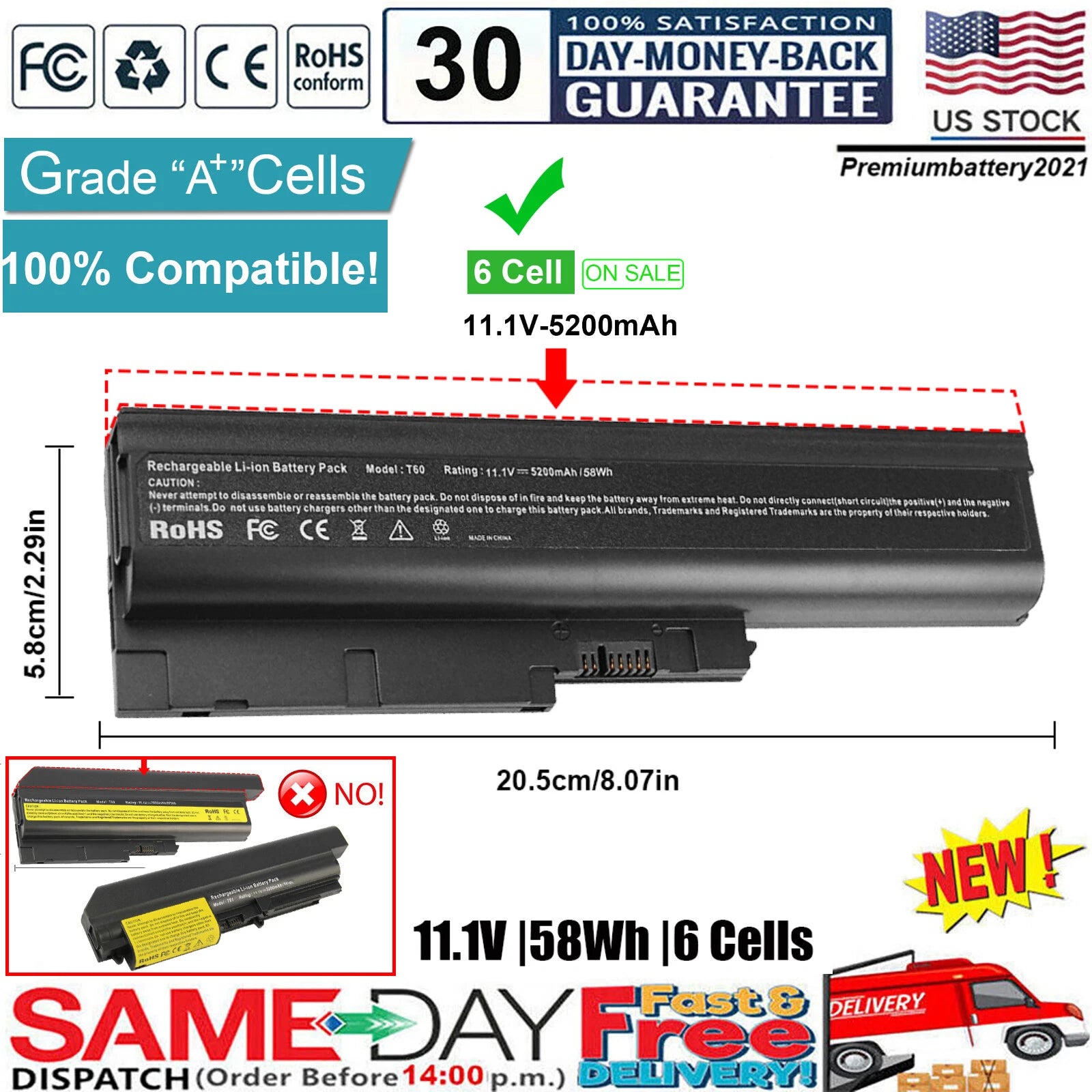 Laptop Battery for IBM Lenovo ThinkPad T61 T61p T60 R61 R61i R60 T500 W500 R500