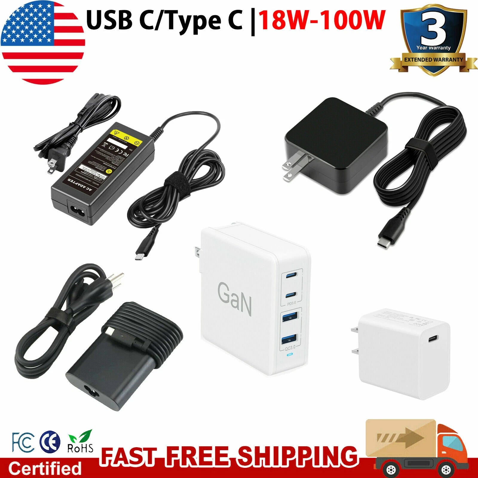USB C Type C Charger for Dell ASUS Acer HP Lenovo Laptop AC Adapter 45W/65W/90W