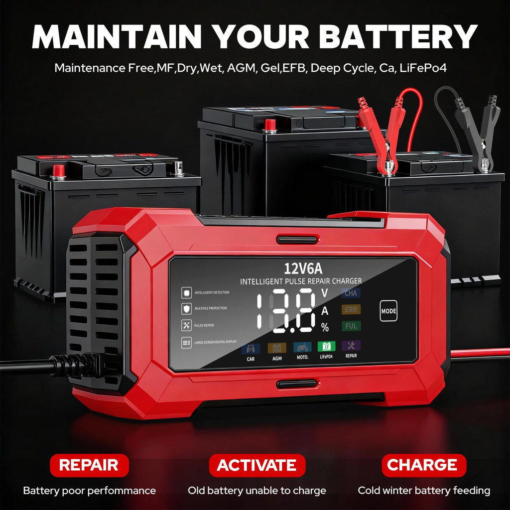 12V 6A Smart Car Battery Charger for LiFePO4 Maintainer Trickle Repair Lithium