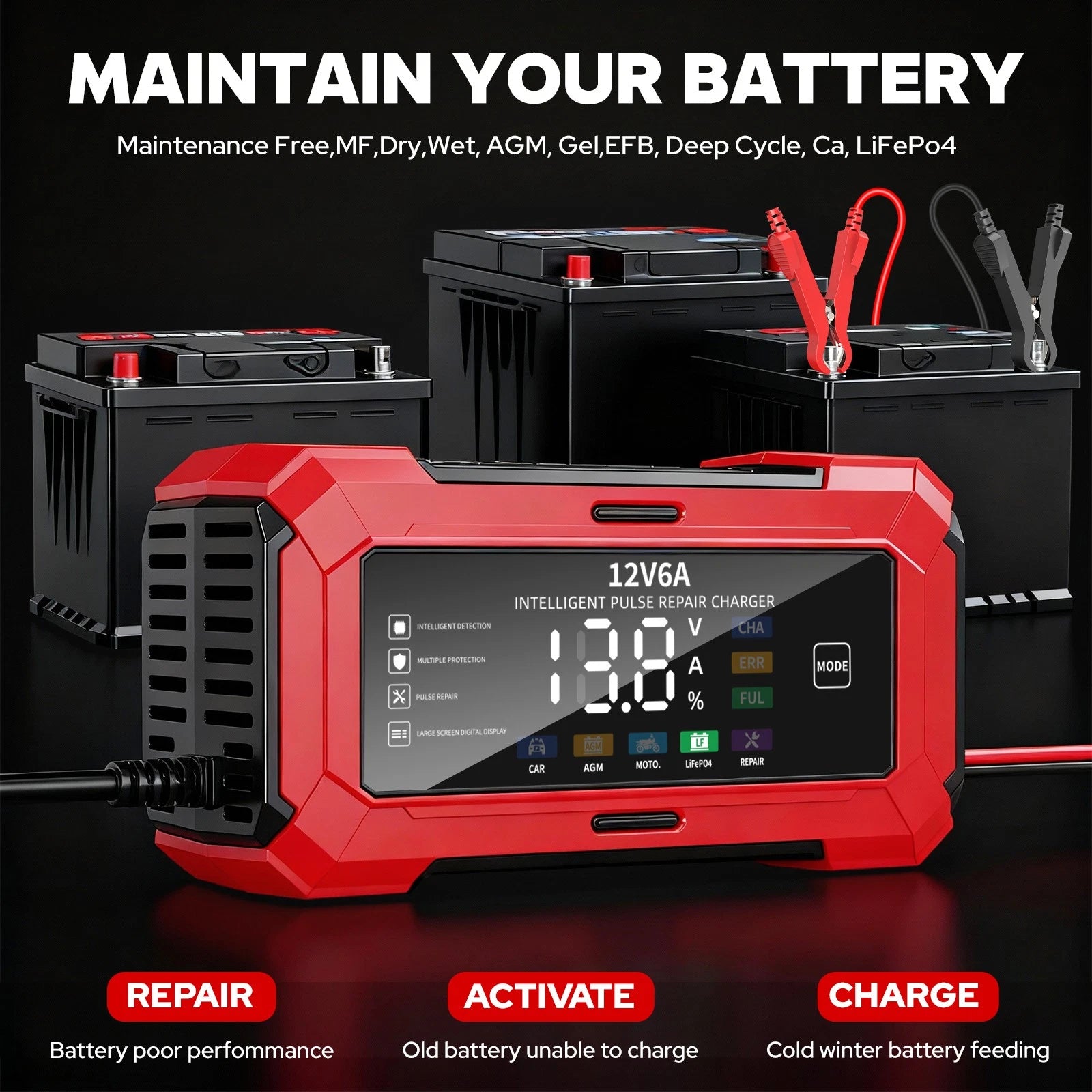 12V 6A Smart Car Battery Charger for LiFePO4 Maintainer Trickle Repair Lithium