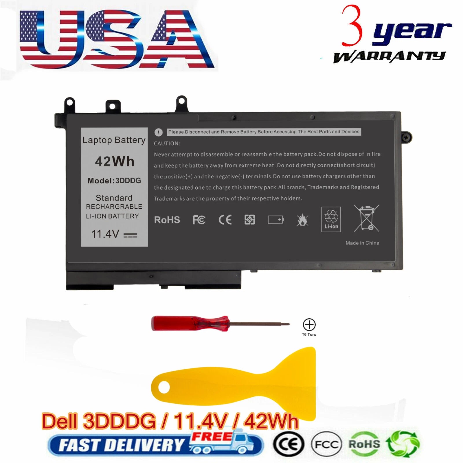 Battery for Dell Latitude E5280 E5480 3DDDG D4CMT 83XPC Precision M3520 M3530