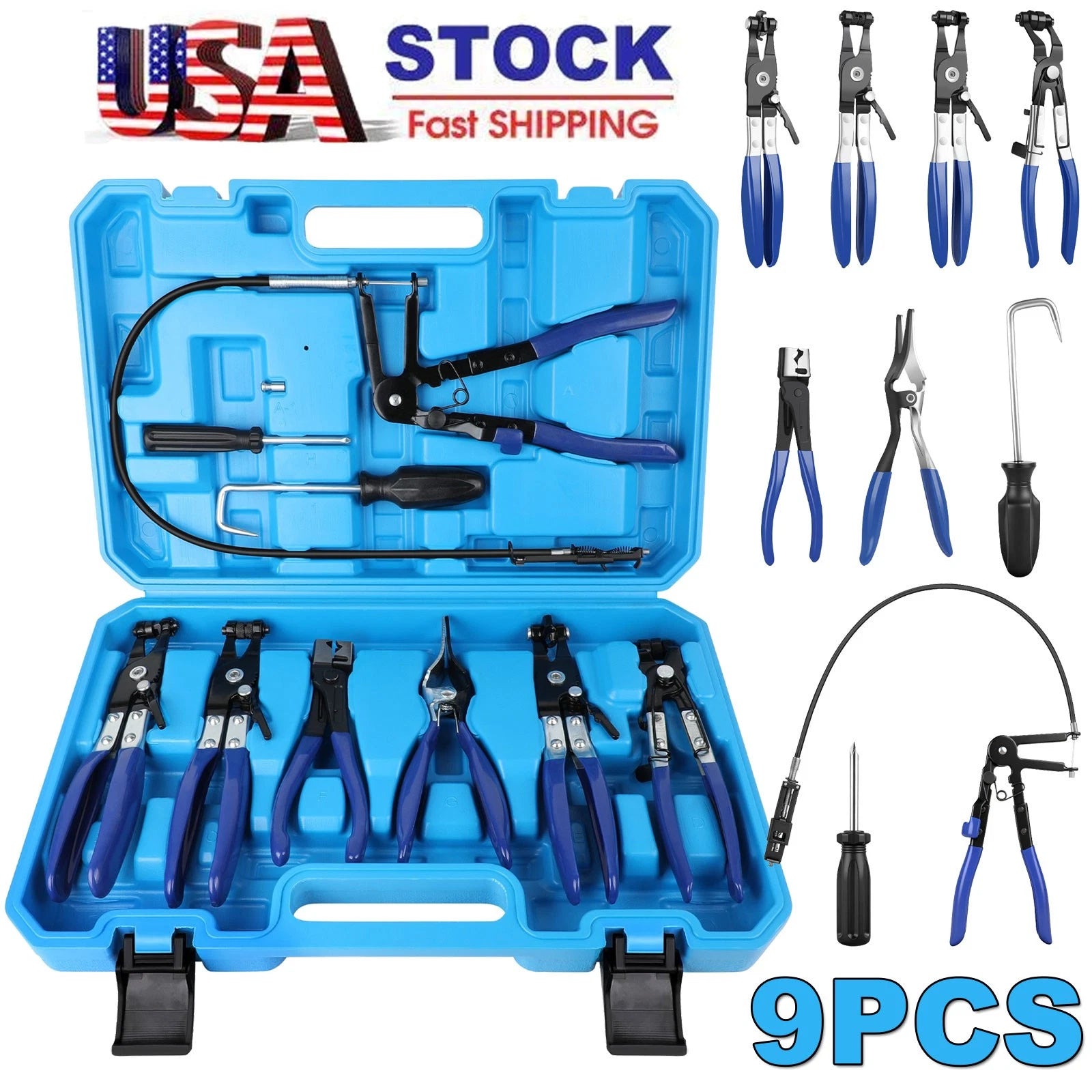 9PCS Hose Clamp Clip Plier Set Swivel Jaw Flat Angled Band Automotive Tool Set