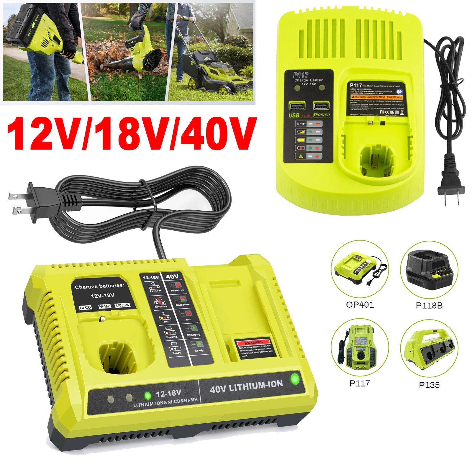 P117 Fast Charger For RYOBI For One+ Plus P108 12V 18V 40V Lithium-Ion Battery