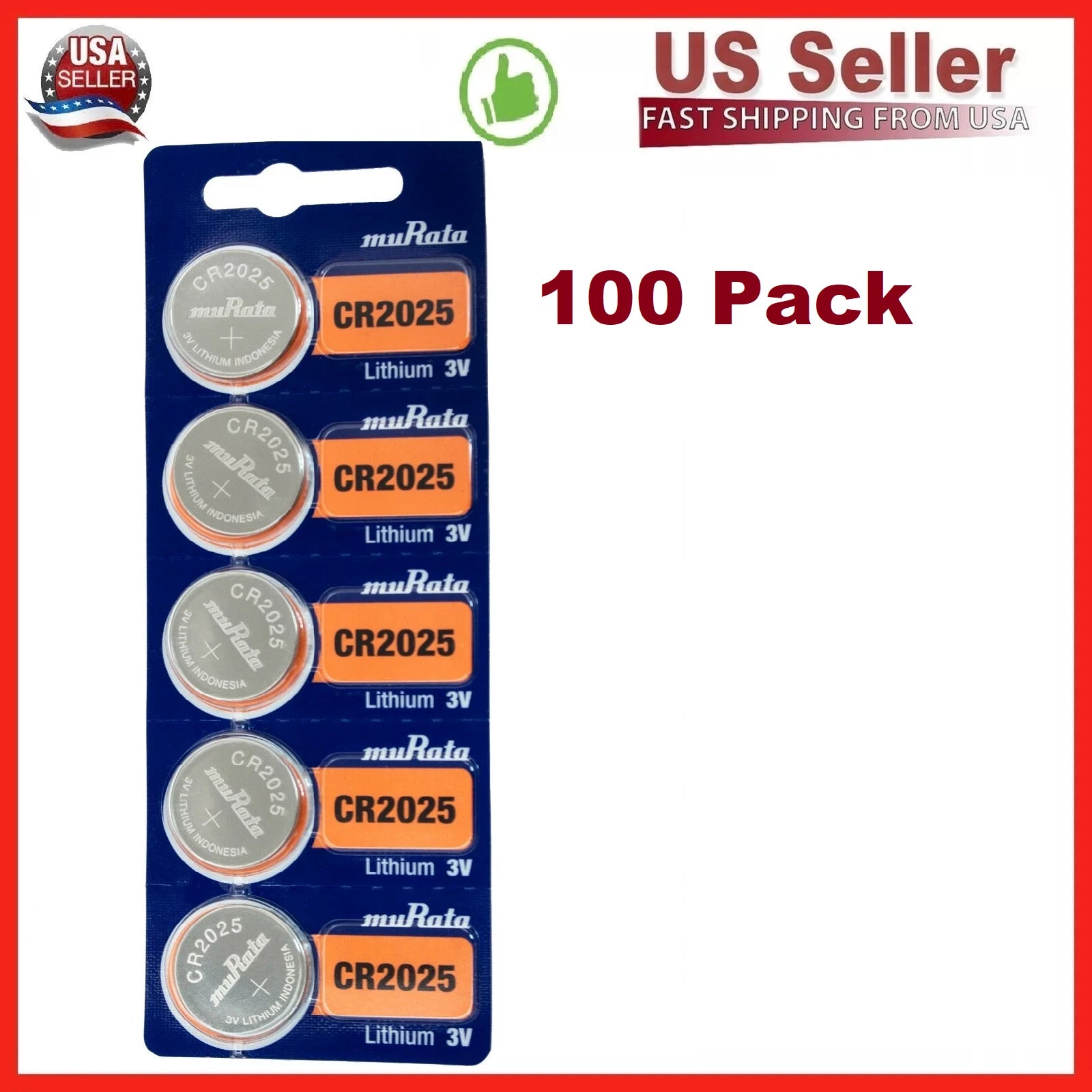 Murata CR2025 Battery 3V Lithium Replaces Sony CR2025 Box of 100 EXP 2032