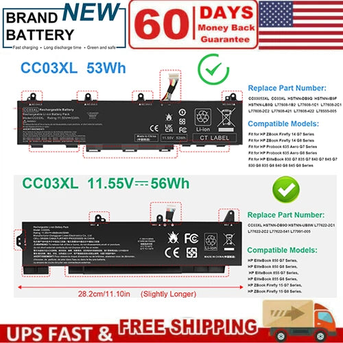 56/53Wh CC03XL Battery For HP EliteBook 830 835 840 G7 G8 ZBook Firefly 14 G7 G8