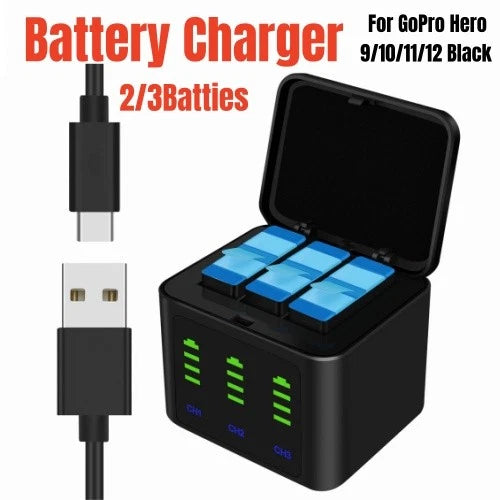 3-Channel Battery Charger With 2/3 Batteries For GoPro Hero 9/10/11/12 Black