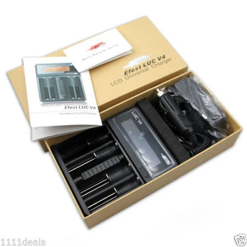Efest LUC V4 LCD Universal 4 Bay Battery Charger + Adapter And Car Cable