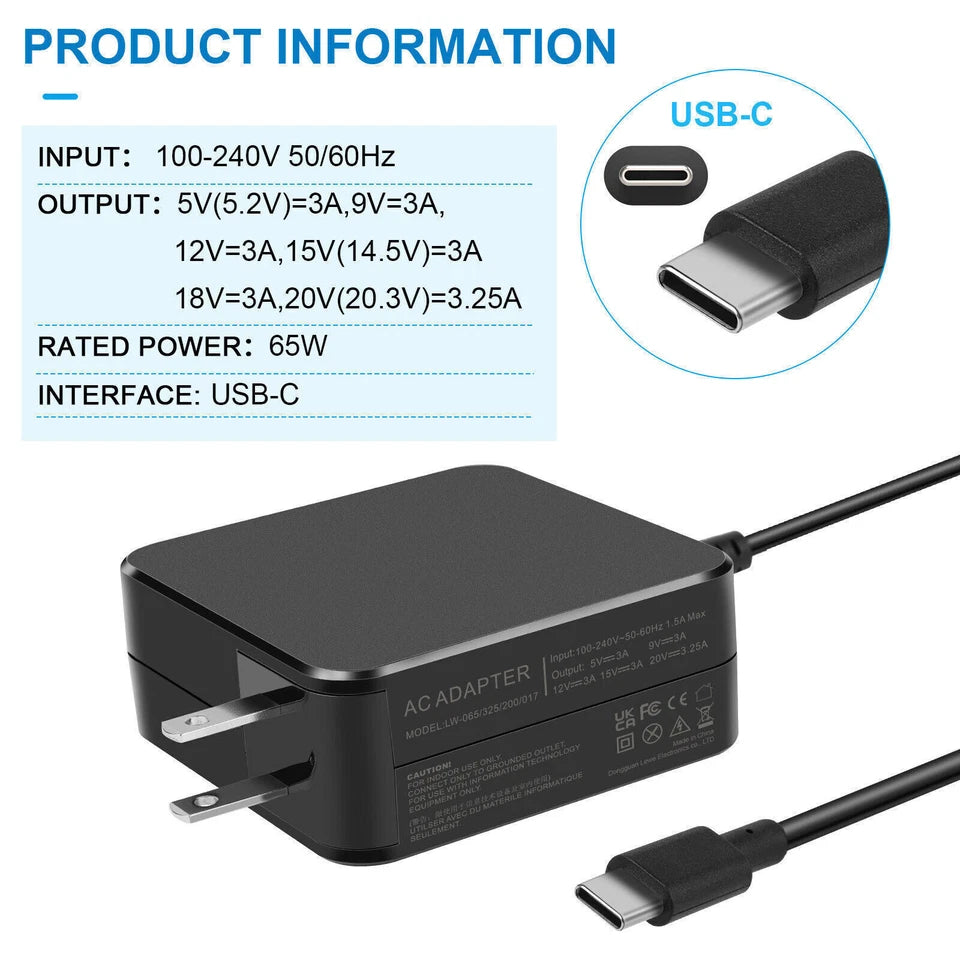 Laptop Charger 65W USB-C Watt Adapter Type-C For MacBook Pro Samsung Chromebook