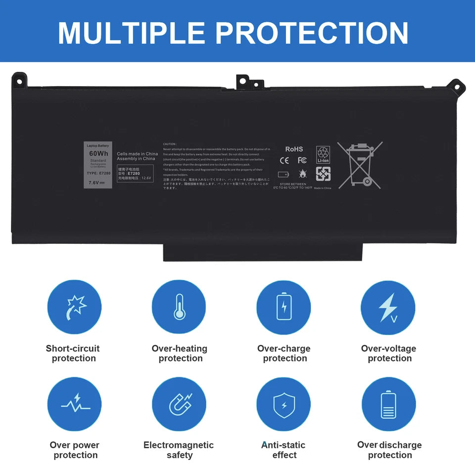 F3YGT Battery For Dell Latitude 12 13 14 E7280 E7480 7480 7490 7380 7390 60wh
