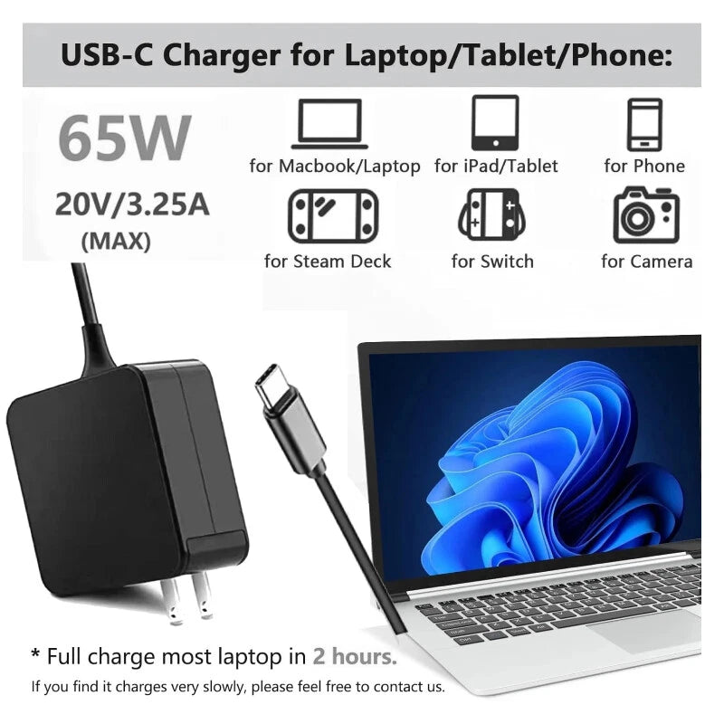 Laptop Charger 65W USB-C Watt Adapter Type-C For MacBook Pro Samsung Chromebook