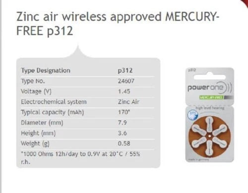 60 Powerone Hearing Aid size 312 Genuine Mercury Free Batteries- Ex-2029-Germany